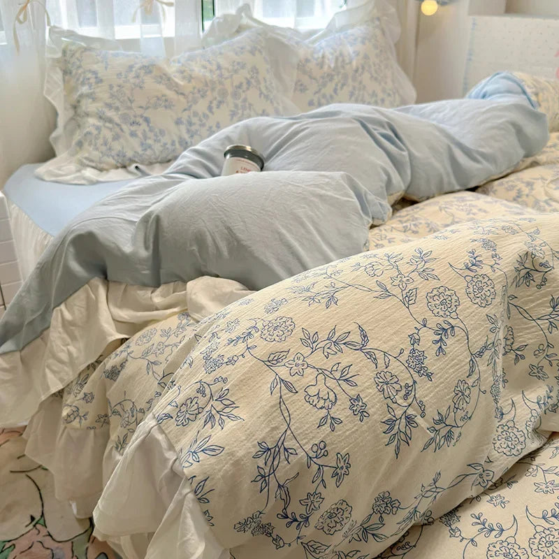 1.5/1.8 Korean Style 100% Cotton Fitted Sheet Sets with Lace Flower Print Bedding Set