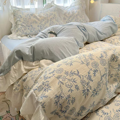 1.5/1.8 Korean Style 100% Cotton Fitted Sheet Sets with Lace Flower Print Bedding Set