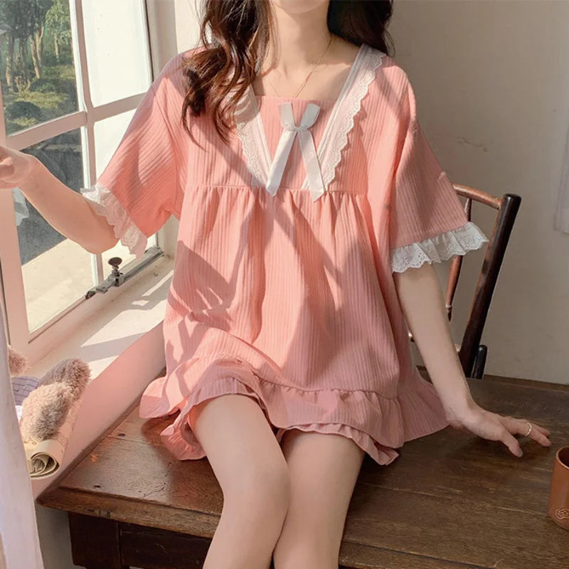 Palace Style Pajamas Ladies Loungewear Set Short-Sleeved with Cushion Korean Small Sweet Girlfriends Loungewear Set