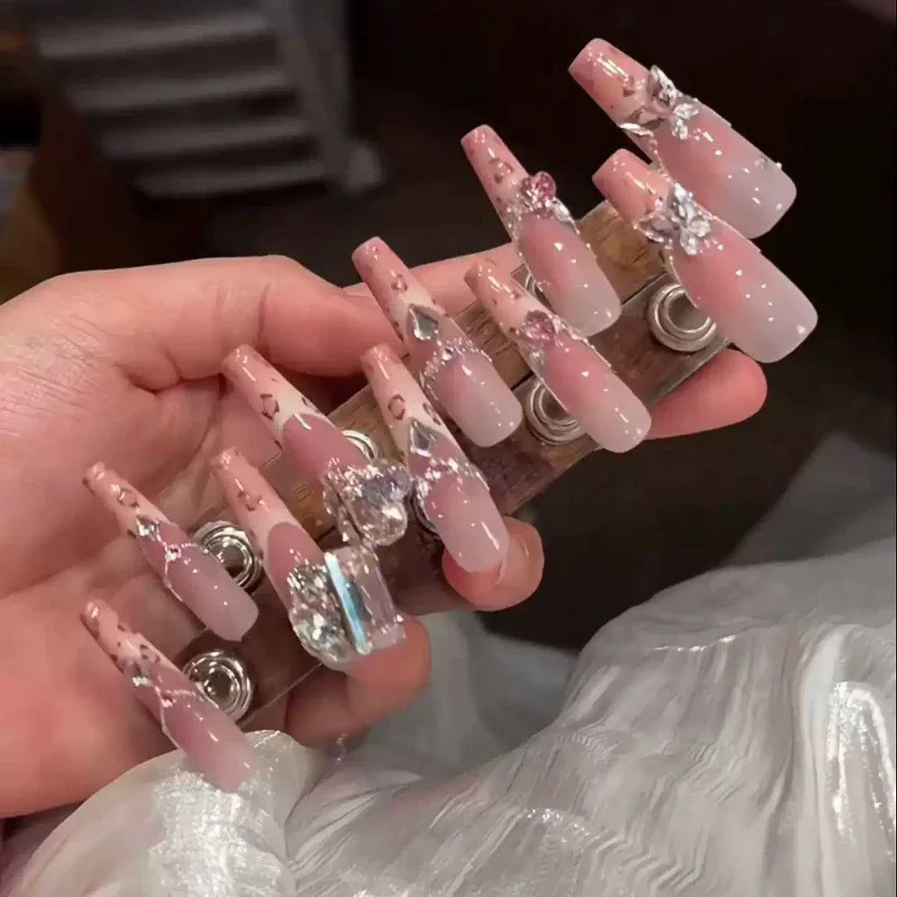 10Pcs Gentle Handwork Press On Nails French Style Flowers Butterfly Rhinestone Pearl Design Detachable False Nails Gift