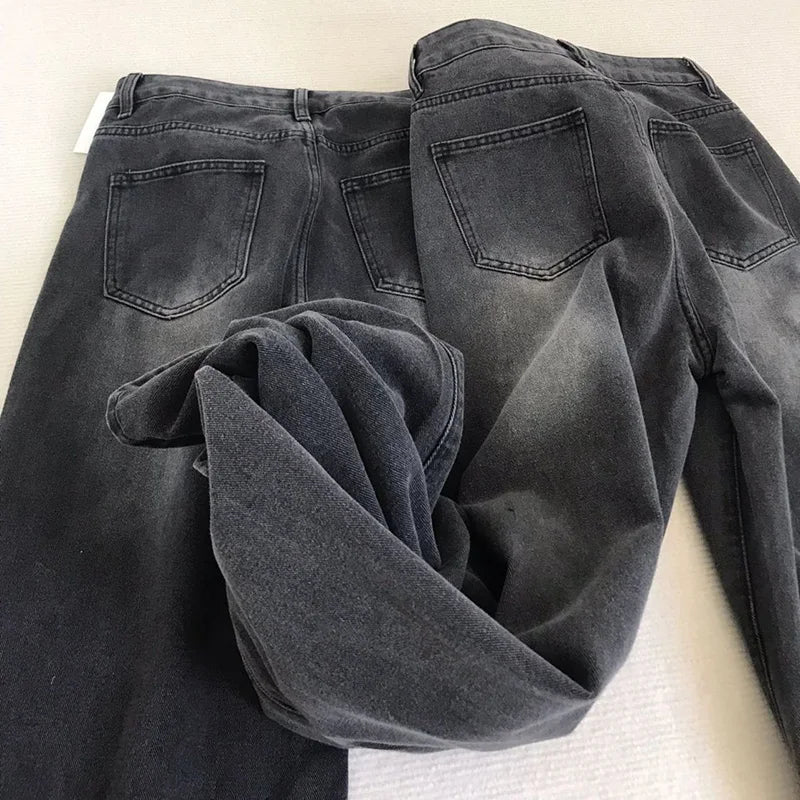 Lady Retro Black Gray High Waist Jeans Straight Leg Denim Trousers Girls Loose Fit Thin Casual Pants