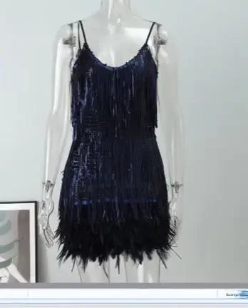 Fashionable Framed Sequins Feather Patchwork Dress Colorful Amazon Direct Sales Sleeveless Dress