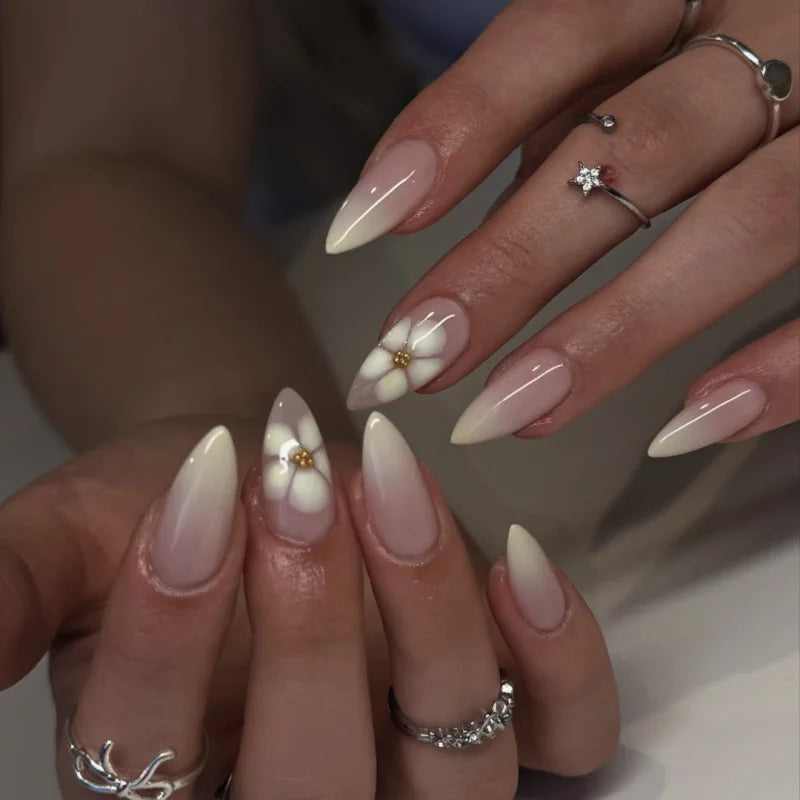 24pcs Smudging Flower Press On Nails Wave Point Designs French Style Almond False Nails Y2k Sweet Cool Fake Nail