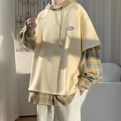 Two-piece Illusion Sweatshirt Korean Style Loose Fit Idle Style Pullover Top Casual Trendy Hooded Jacket
