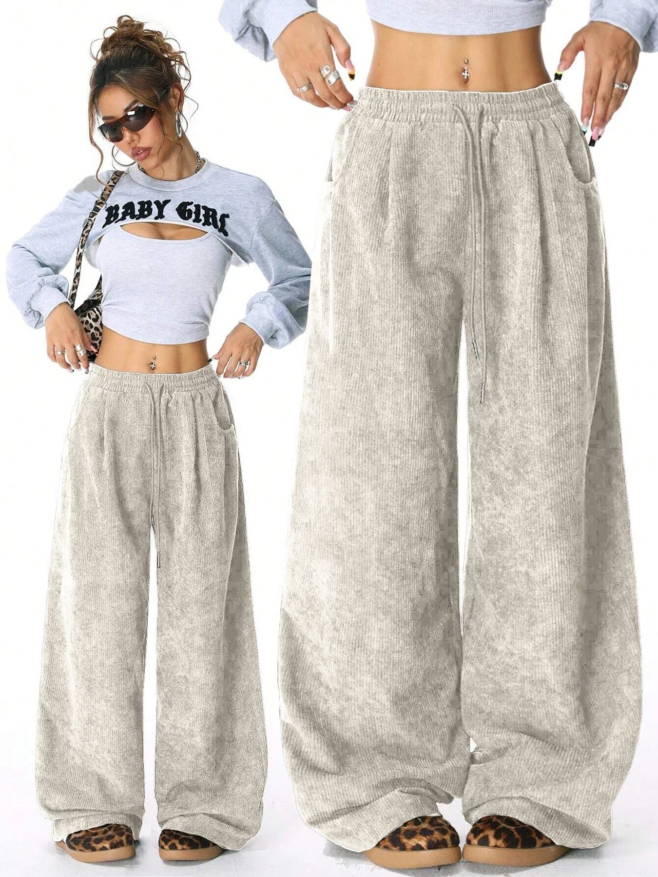 Retro Corduroy Cargo Pants Casual Drawstring Straight Sports Pants Drape Daily Commuting Wide Leg Pants