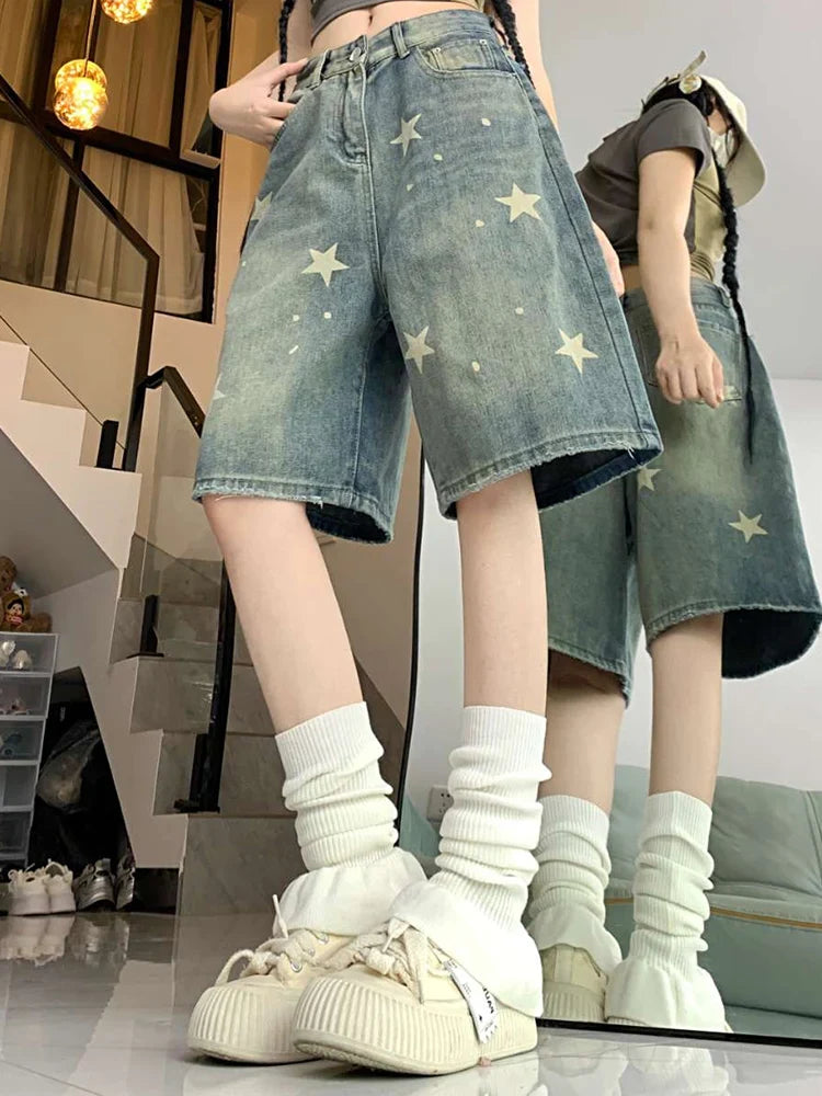 High Waist American Retro Washed Wide Leg Jeans Girls Street Do Old Star Loose Denim Pants Blue Knee Length Shorts