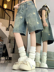 High Waist American Retro Washed Wide Leg Jeans Girls Street Do Old Star Loose Denim Pants Blue Knee Length Shorts