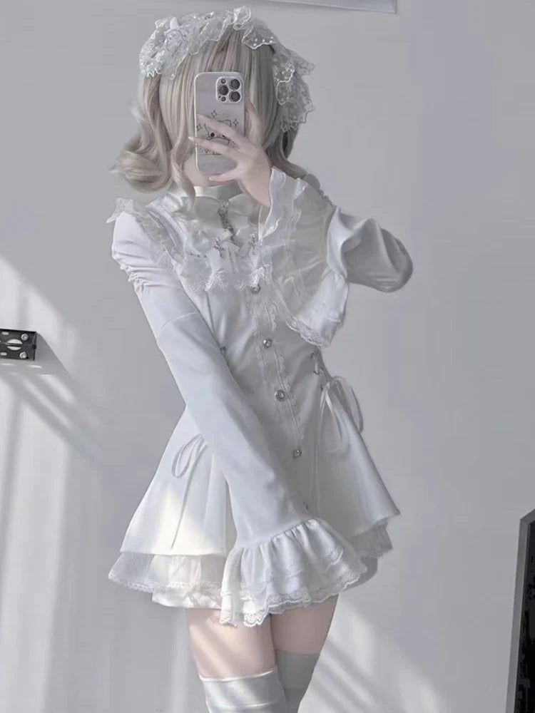 Gothic Vintage Girl Slim Patchwork Dress High Street Lace Skinny Long Sleeve Dresses France Sweet White Clothing New