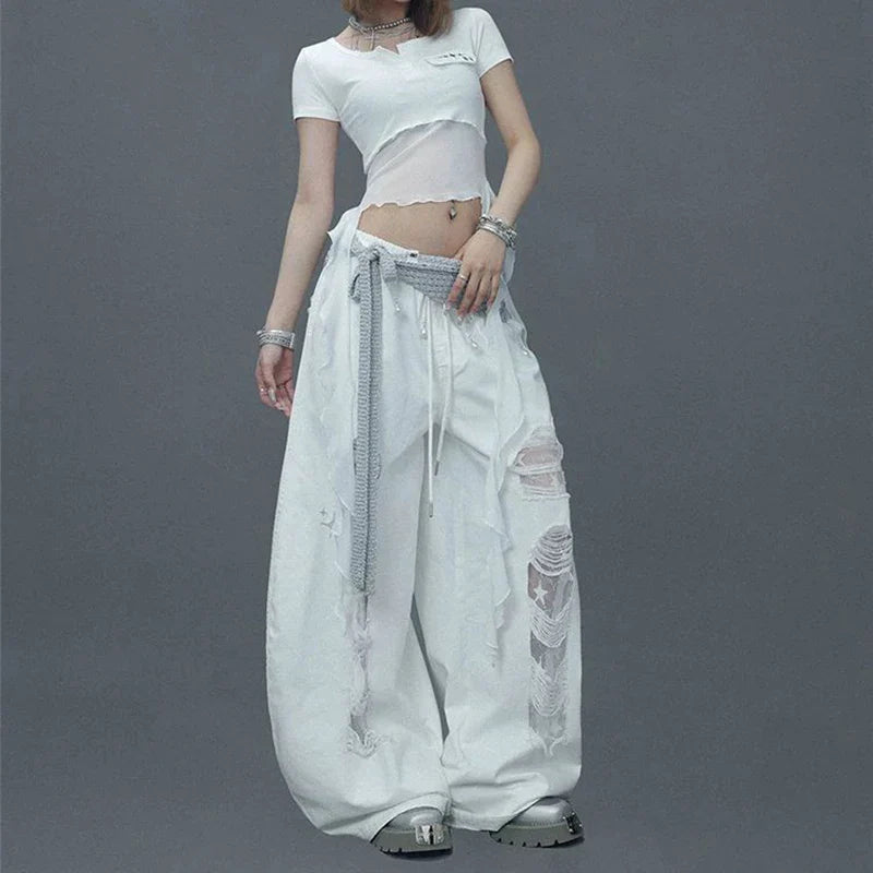 Street White Patchwork Ripped Pants Hiphop Lace Hollow Out Sheer Wide Leg Pants American Vintage Loose Casual Lazy Jazz Trousers
