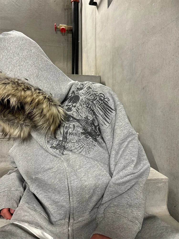 /Y2k Harajuku Faux Fur Collar Hoodies Clothes Graphic Hip Hop Punk Gothic Zip Up Hoodies new