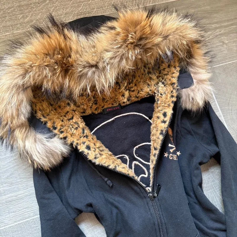 Skull Embroidery Super Leopard Hooded Sweater Y2K Gothic Hip Hop Casual Joker Sweatshirt