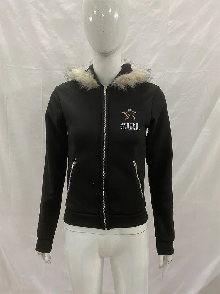 Vintage American Retro White Letter Hoodie Faux Fur Lined Zip Up Sweatshirt Cozy Pullover Streetwear new