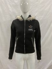 Vintage American Retro White Letter Hoodie Faux Fur Lined Zip Up Sweatshirt Cozy Pullover Streetwear new