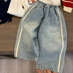 Boys Children's Denim Overalls Loose Casual Pants Girls Wide Leg Jeans Kids Straight Denim Trousers