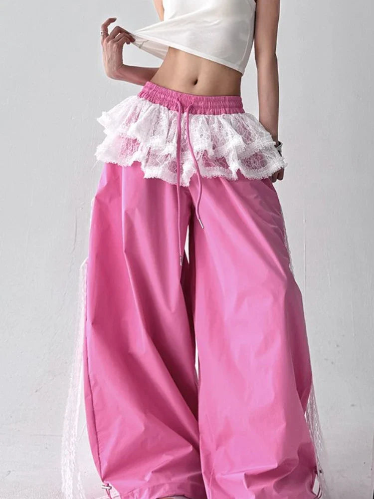 American retro trend patchwork lace skirt casual wide leg pants Y2K millennium pants emo