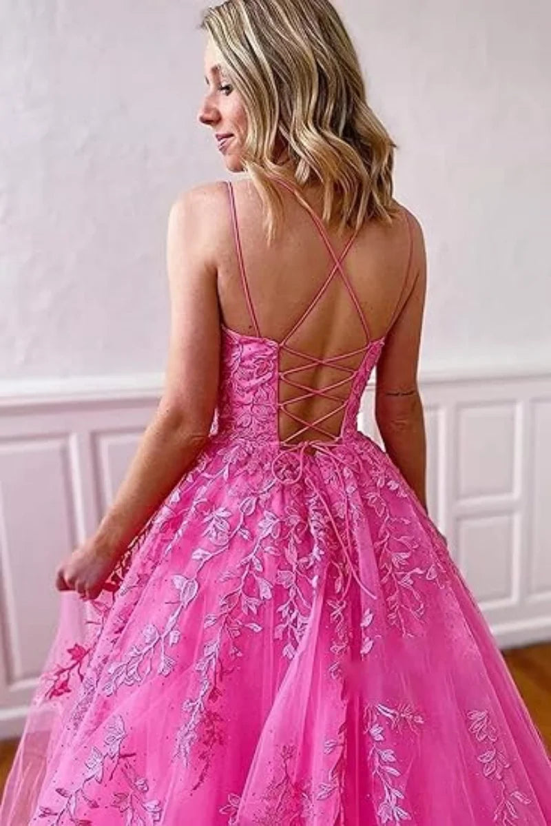 Tulle Spaghetti Straps Prom Dresses Long Lace Appliques Ball Gowns