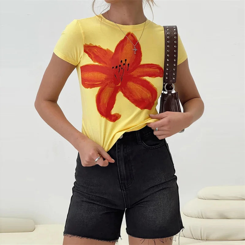 Xingqing y2k Crop Top 2000s Baby Tee Floral Print Round Neck Short Sleeve T Shirt Fairycore Clothes Streetwear