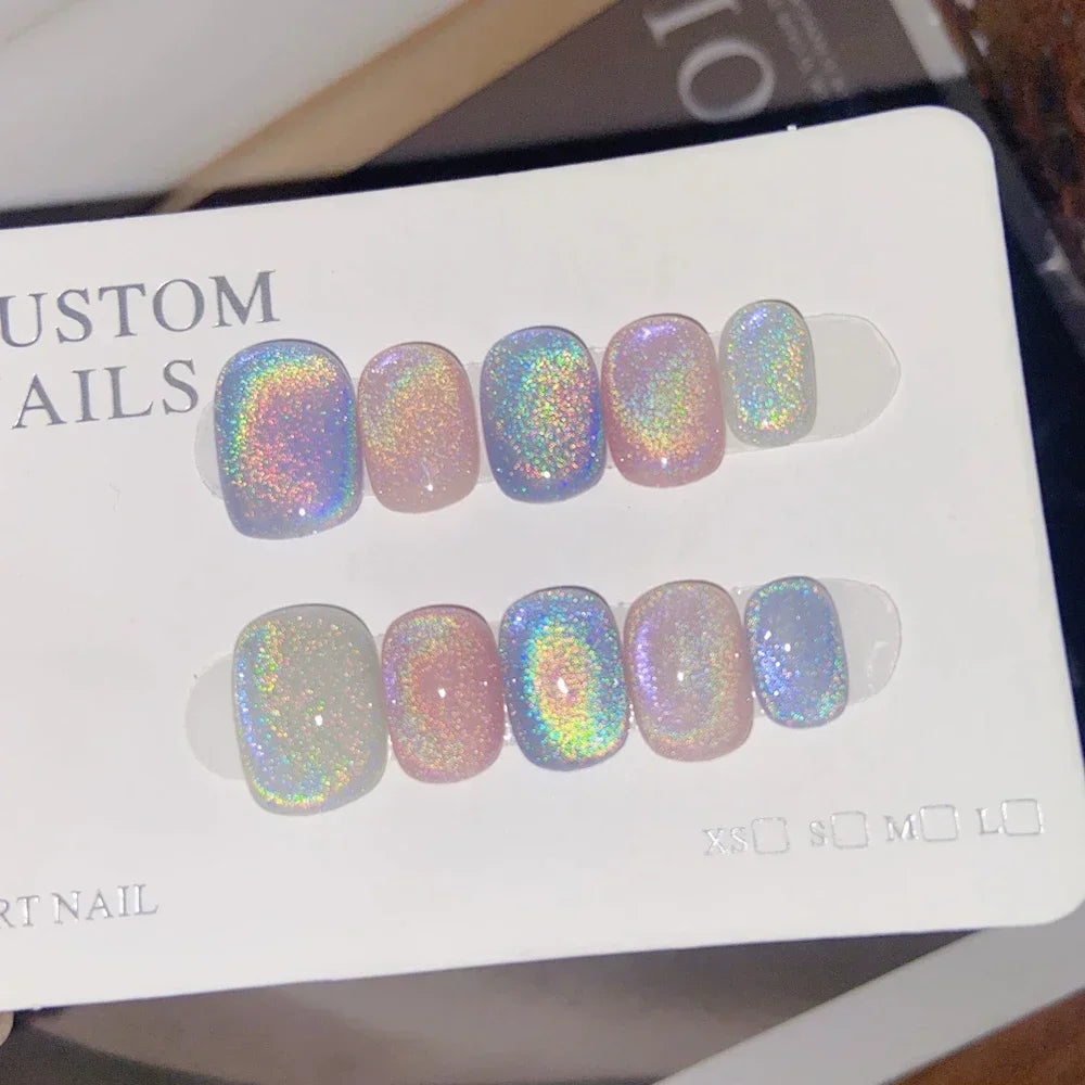 Beauty Colorful Short Square Round Detachable Manicure Kawaii Cat Eyes Glitter Sequins Rhinestone Handmade Full Cover Nail Tips