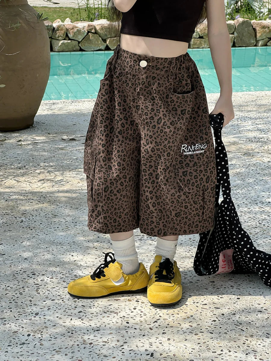 Girl Pants Childrens Clothing Korean Style Girl Baby Retro Leopard Print Wide Leg Cargo Pants Casual Daily