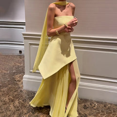 Combhasaki Elegant Strapless Sheer Ruffle Hem Patchwork Backless High Split A-line Party Tube Long Dress with Scarf