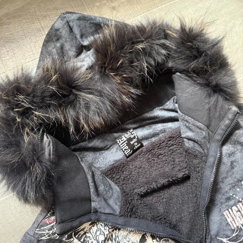 American Skull Print Hoodie Y2K Vintage Rock Hip Hop Gothic Casual Joker Plus Velvet Padded Sweater
