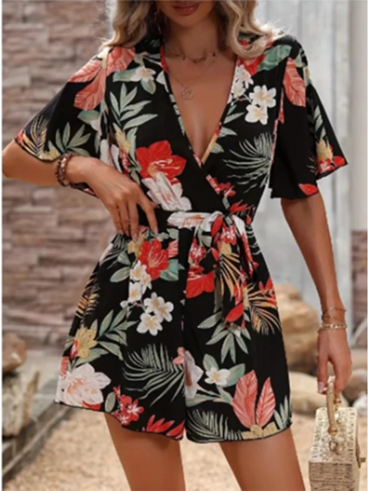 Printed V-neck Short Sleeve Jumpsuit Loose High Waisted Jumpsuit Beach Vacation Comfortable Clothes