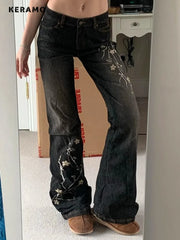 Weekeep Floral Embroidery Jeans Vintage 2000s Low Rise Flared Jeans Retro y2k Baggy Denim Pants High Street Basic Trousers