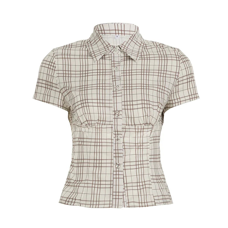Rockmoer French Stripe Blouse Button-up Lapel Slim Shirt Y2K Vintage Street Elegant Short Sleeve Tops Preppy Downtown Girl