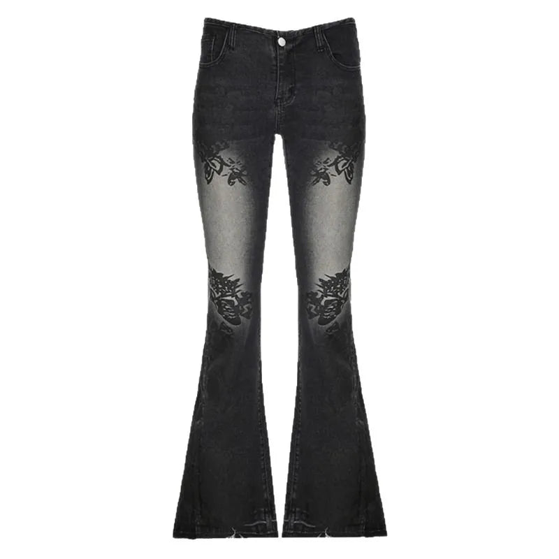 Low Waist Vintage Denim Jeans Printed Elastic Millennium Flared Pants Early Taste Design Classic Long Pants Cotton
