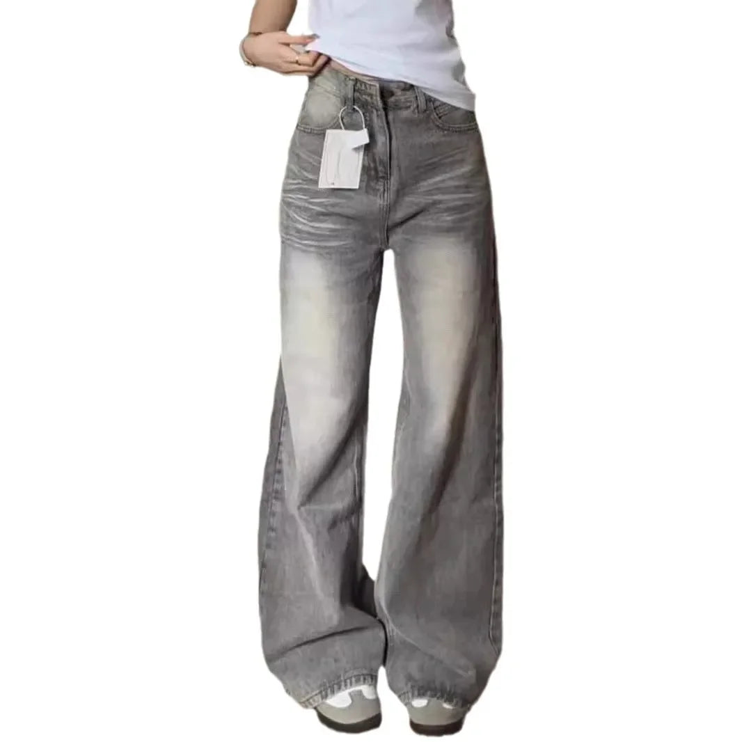 Vintage Wide-Leg Jeans Grey American Style Straight-Leg Casual Pants