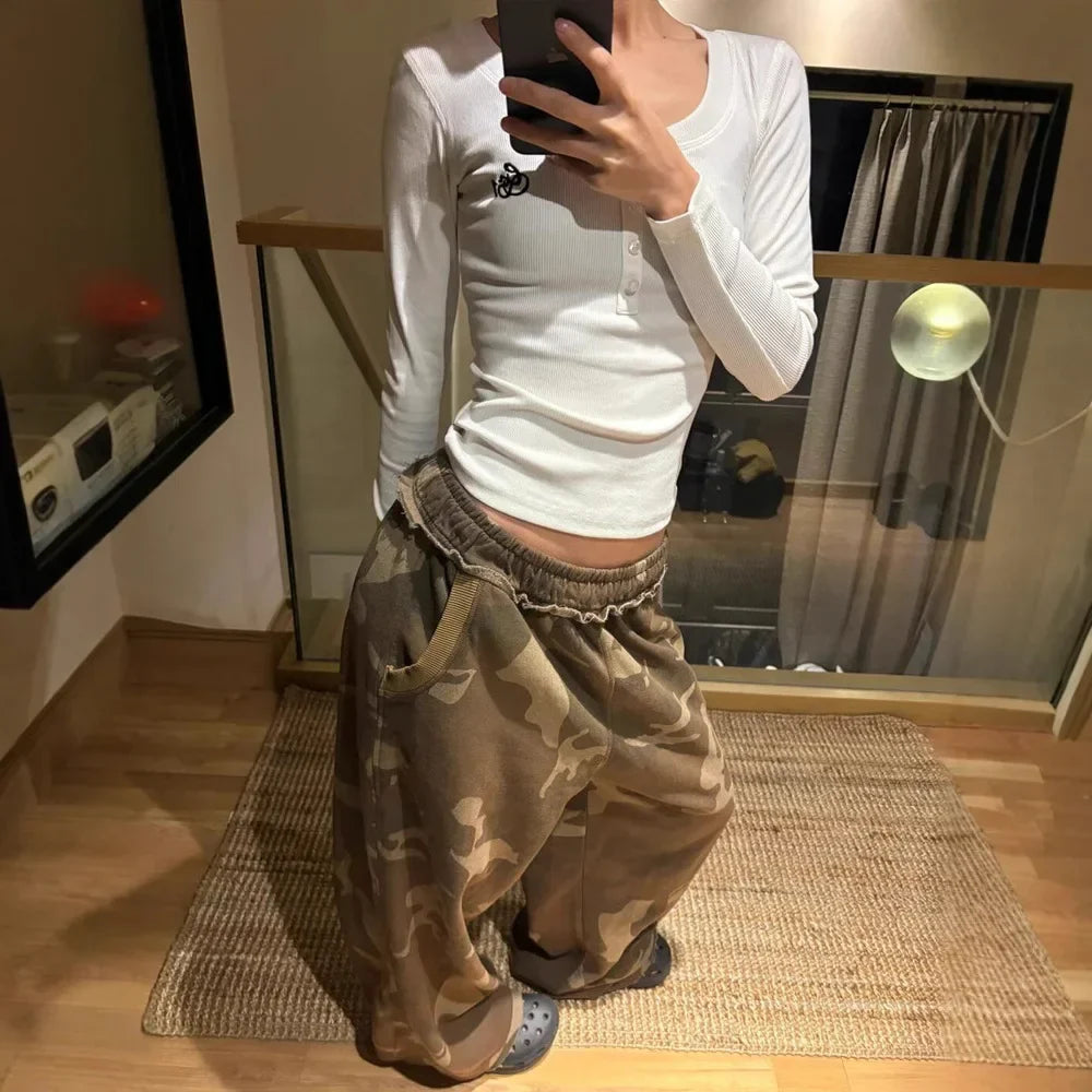 American Style Girl Camouflage Wide Leg Pants Straight Casual Loose Sports Sweatpants Design Long