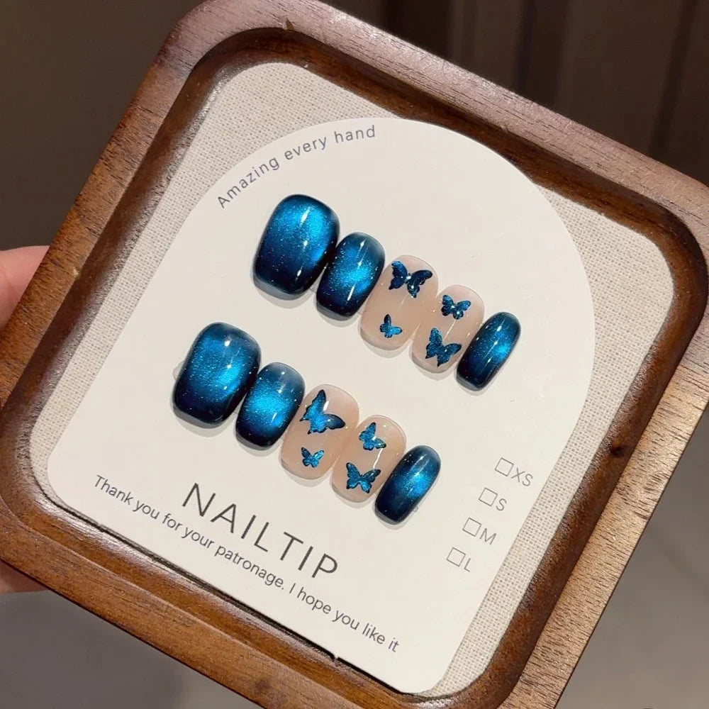 10Pcs Handmade Nude Color Press On Nails Sparkling Cat-Eye Cherry Star Marine Elements Sequins Cute Girlish Nail Suitable