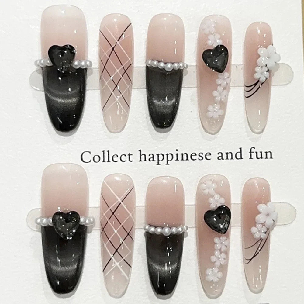 Sweet Lovely Cartoon Bear Long Coffin Stiletto Fake Nails Bowknot Pearl Diamond Flowers Cat Eyes Wearable Fake Nails