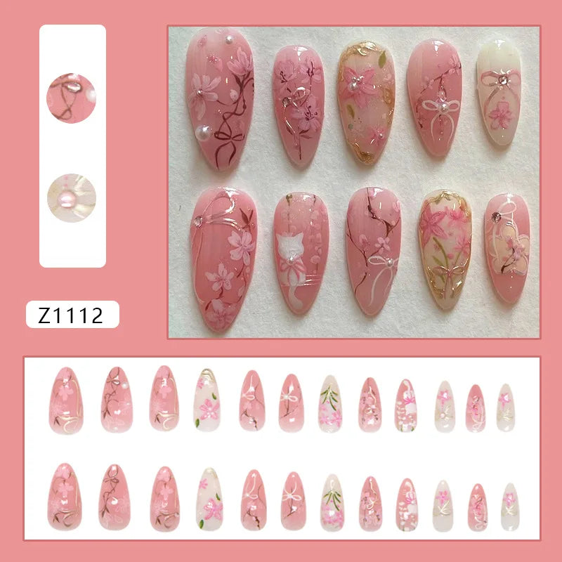 24pcs Flower Print Press on Nails Wine Red Blush Almond False Nail Tips Wearable Reusable Spicy Girl Fake Nails