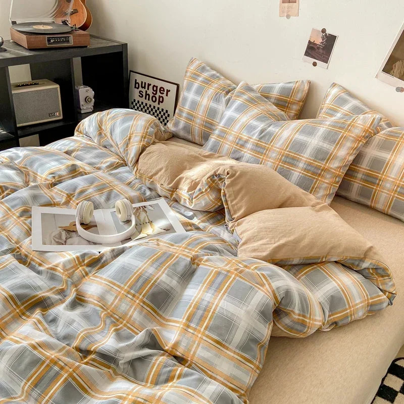 Japanese Style Check Queen Quilt Cover Set 1/3 Pcs Soft Washed Duvet Cover