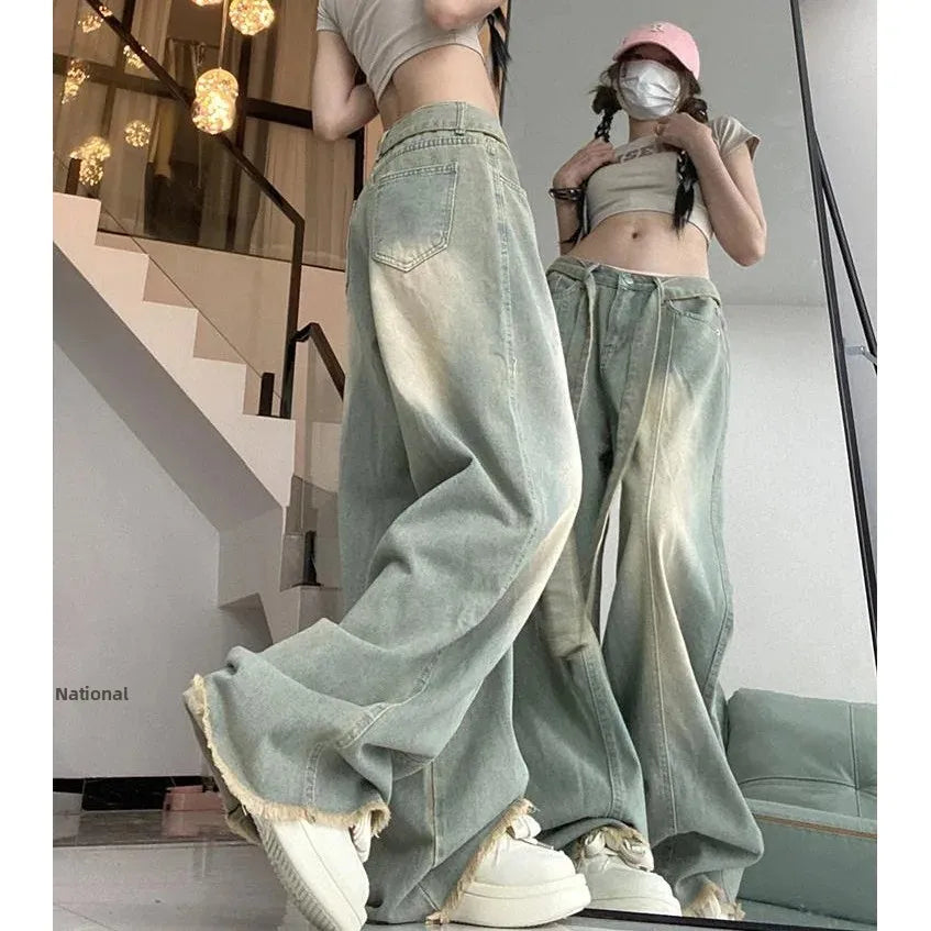 Retro American Denim Jeans High Waist Wide Leg Pants Vintage Washed Design Slimming Effect Style