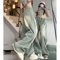 Retro American Denim Jeans High Waist Wide Leg Pants Vintage Washed Design Slimming Effect Style