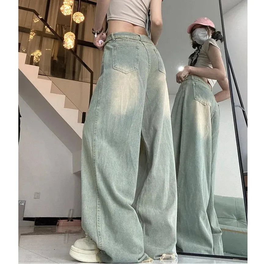 Retro American Denim Jeans High Waist Wide Leg Pants Vintage Washed Design Slimming Effect Style