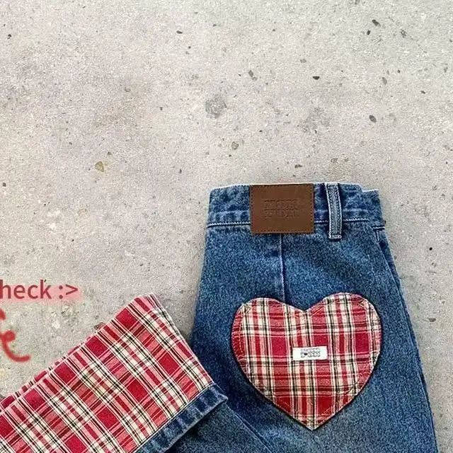Korean Style Harajuku Styleable Heart-shaped Checkered Patch Jeans High Street Couple Checkered Flared Wide Leg Jeans