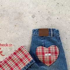 Korean Style Harajuku Styleable Heart-shaped Checkered Patch Jeans High Street Couple Checkered Flared Wide Leg Jeans