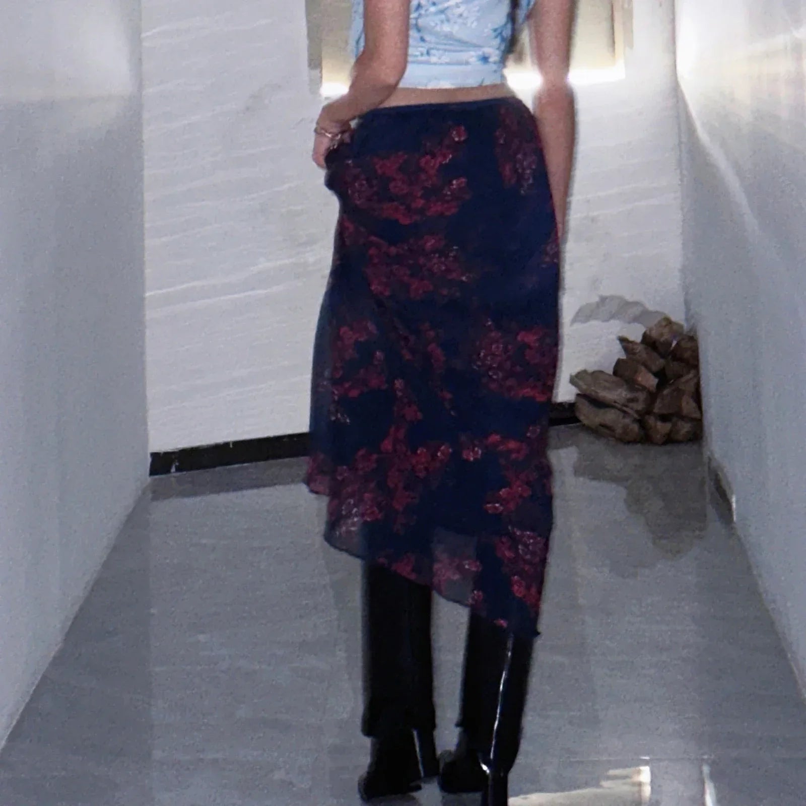 Combhasaki Y2K Retro Vintage Floral Printed High Waist Ruffled Elegant Elastic Waist Long Skirts Street Style Bottoms