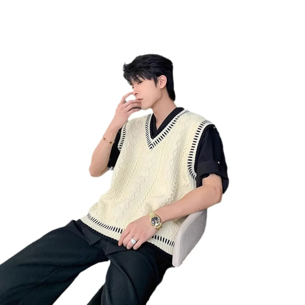 Arrival Preppy Style Cable Knit Vest Sweater Casual V-neck Top Korean Version Loose-fit Top