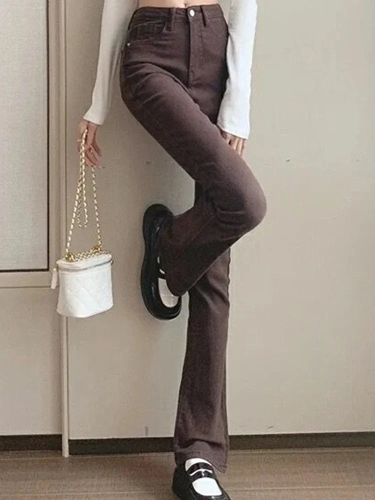 Korean Flare Jeans Girls High Waist Elastic Boot Cut Pants Lady Vintage Blue Black Gray Brown Denim Bell Bottom Trousers
