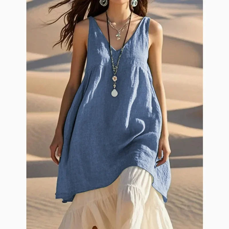 V-Neck Sleeveless Cotton Linen Beach Dress Loose Waist Midi Dress Comfortable Breathable Dress