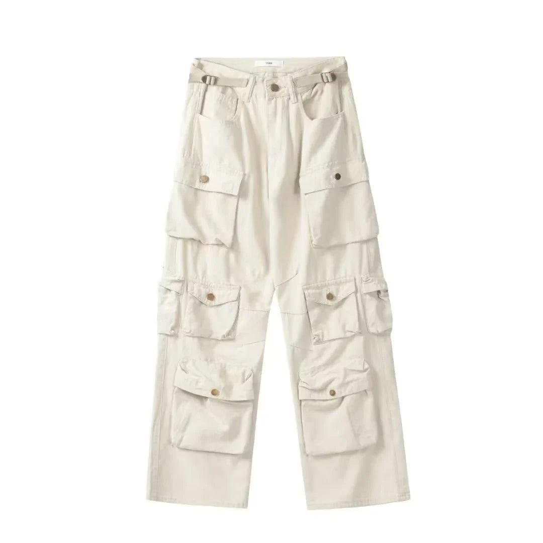 Cargo pants Rice White Multi-pockets Overalls Harajuku stays Loose Casual Trousers Straight Mopping Pants