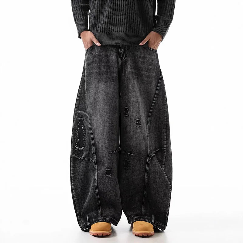 Korean Retro Plus Size Ripped Jeans Wide Leg Curved Pantsable Casual Loose Straight Leg Pants