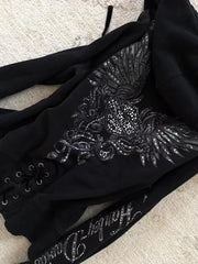 Y2K Gothic Drawstring Design Black Zipper Sweatshirt Jacket Coat Harajuku Letter Graphic Slim Hoodie Clothing