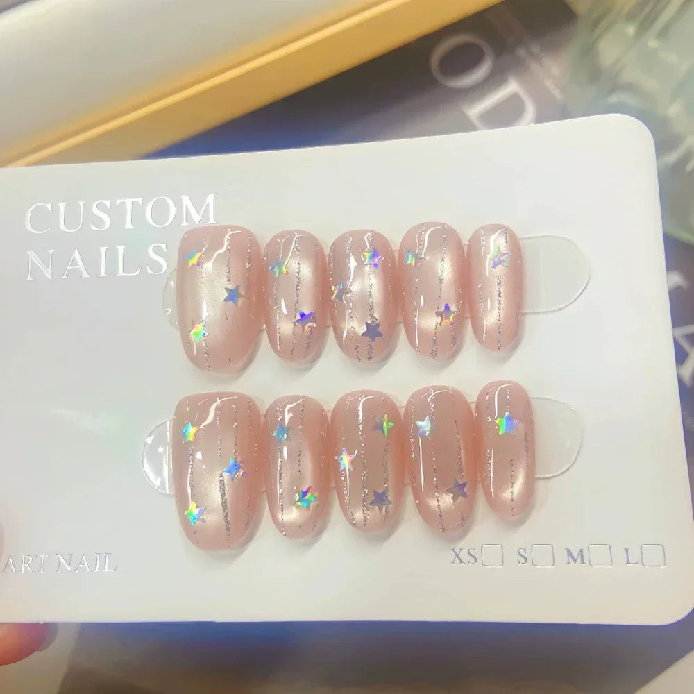 Beauty Colorful Short Square Round Detachable Manicure Kawaii Cat Eyes Glitter Sequins Rhinestone Handmade Full Cover Nail Tips