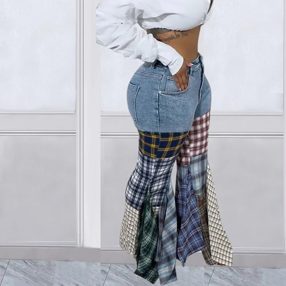 Jeans Spliced Houndstooth Denim Ruffle Edge Flared High Waist Jeans Trousers Streetwear