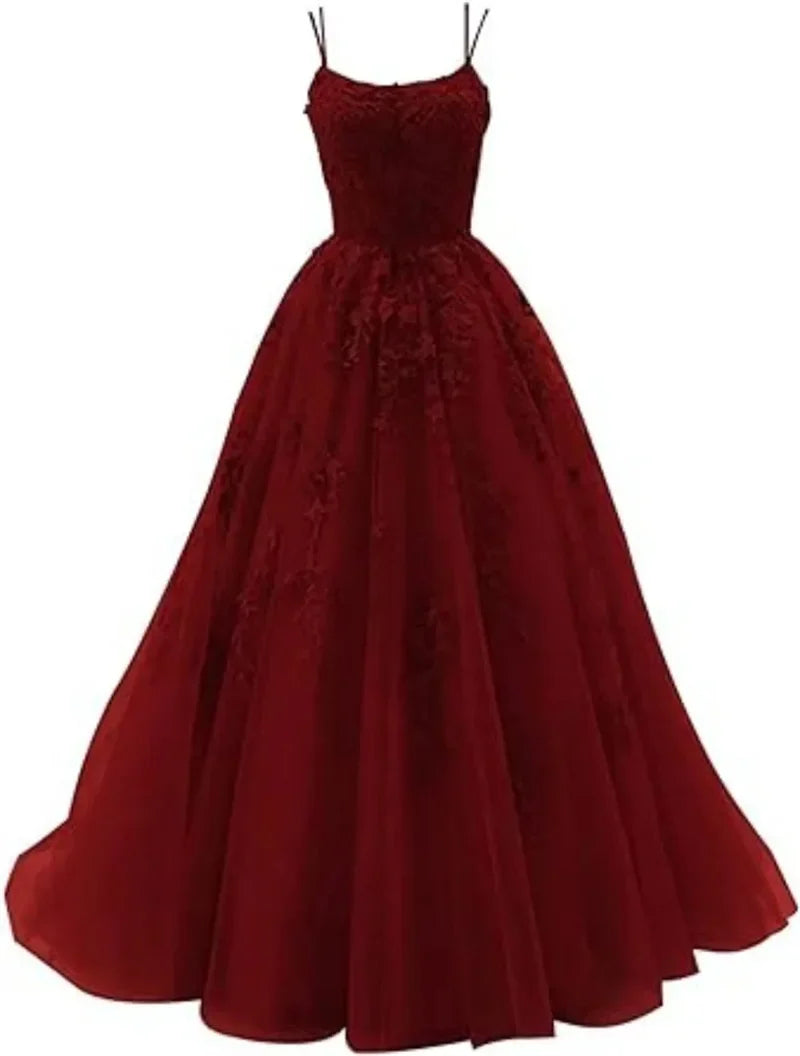 Tulle Spaghetti Straps Prom Dresses Long Lace Appliques Ball Gowns